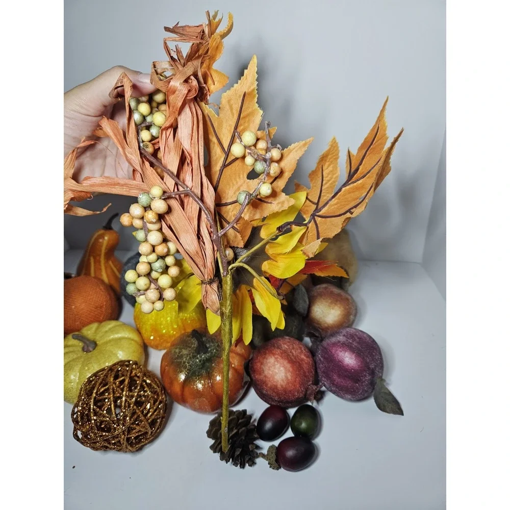 Huge Fall Decor Lot Faux Pumpkins Sunflower Fruit Grateful Sign Gourd Pinecone